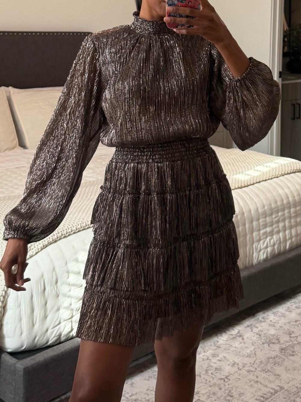 1. State Metallic Bronze Long-Sleeve Tiered Mini Dress